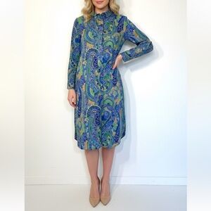 J McLaughlin paisley shirt dress long sleeve cotton preppy business casual Small